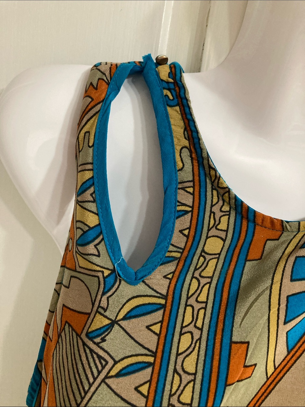 Silk Sleeveless Blue and Tan Printed Maxi Dress - Picture 6 of 6